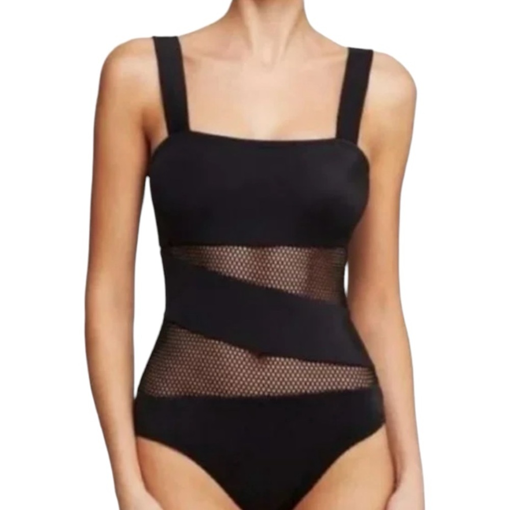 Carmen Marc Valvo Black Mesh One Piece Swimsuit Size 10
